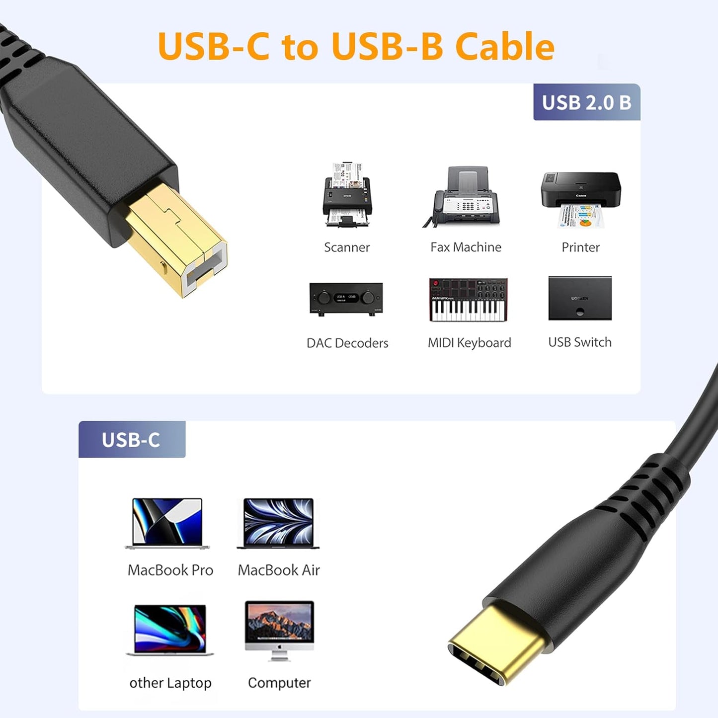 Cable USB-B a USB-C ULIFTUS 6.6FT (2m) para Impresora, MIDI y Equipos