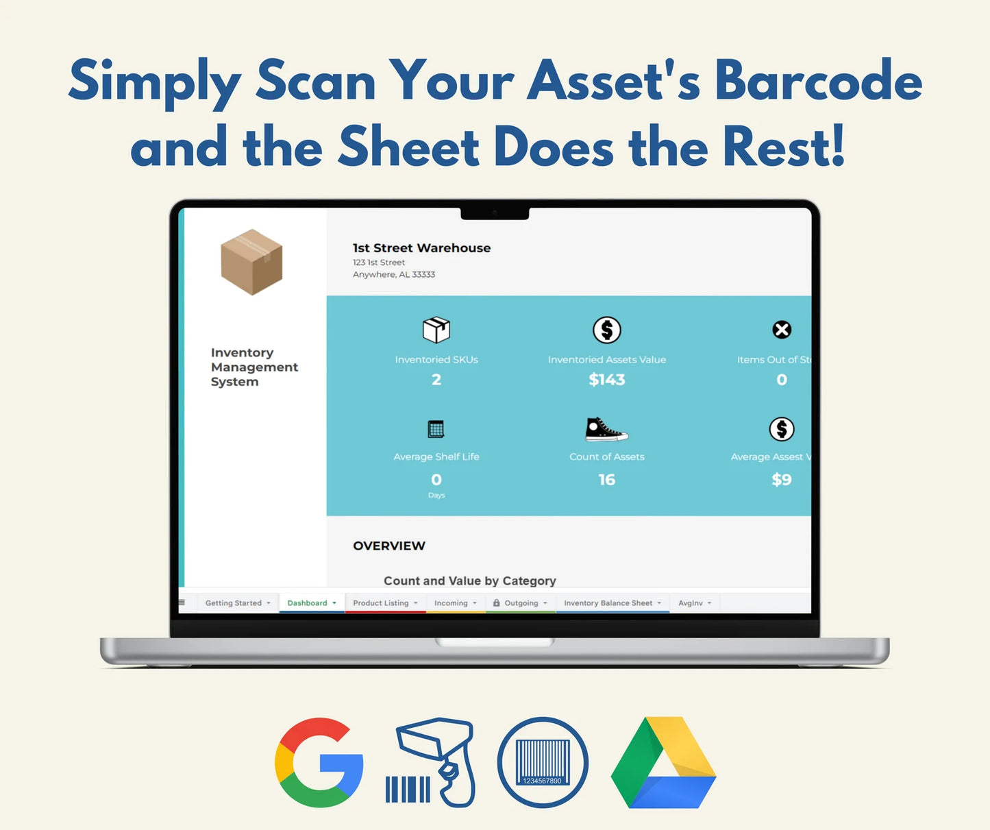 Sistema exclusivo de gestión de inventario de escaneo de códigos de barras - Sin escribir - Hoja de cálculo de Google, números de serie, direcciones MAC, plantilla, fácil
